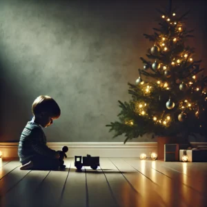Egy kisfiú egyedül játszik egy egyszerű játékkal, karácsonyi fényekkel a háttérben