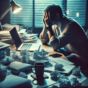 Munkahelyi motiváció: Egy dolgozó fejét kezébe temeti az irodában, tele papírokkal és stresszes hangulattal.