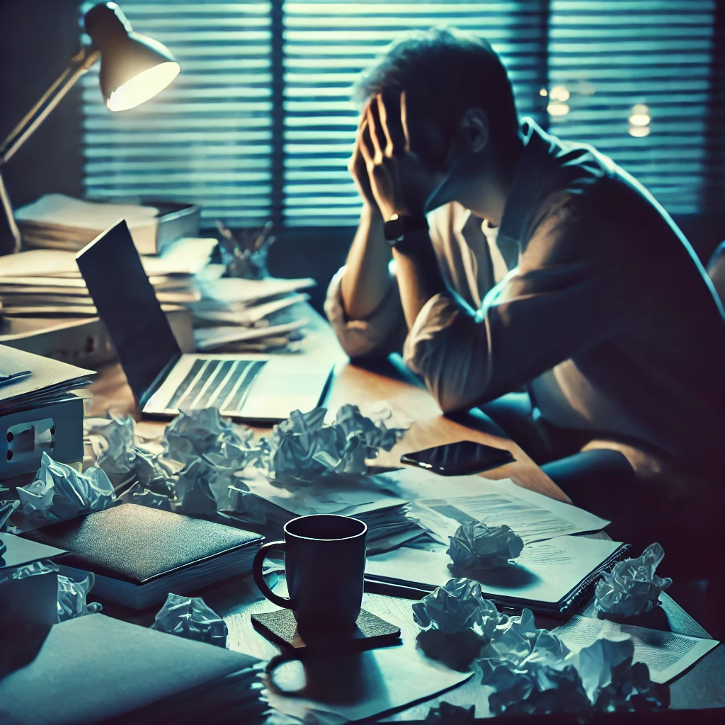 Munkahelyi motiváció: Egy dolgozó fejét kezébe temeti az irodában, tele papírokkal és stresszes hangulattal.