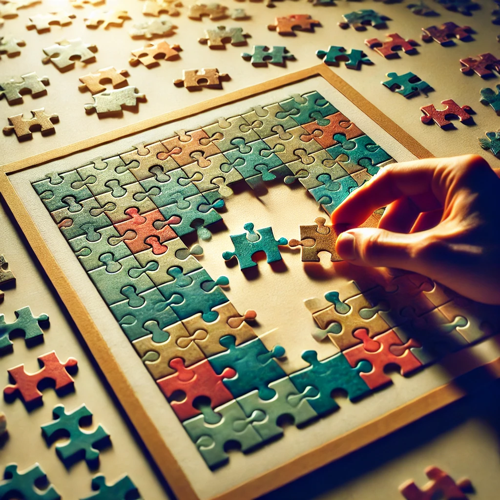 Munkahelyi motiváció: Egy kéz puzzle-t rak össze, félkész állapotban, körülötte szétszórt darabokkal.