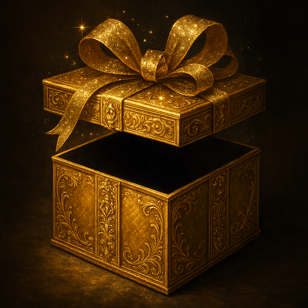 Sosem elég díszdoboz: üres, aranyszínű, csillogó doboz, ami belül kong az ürességtől, szimbolizálva a látszat és a valóság közti szakadékot.