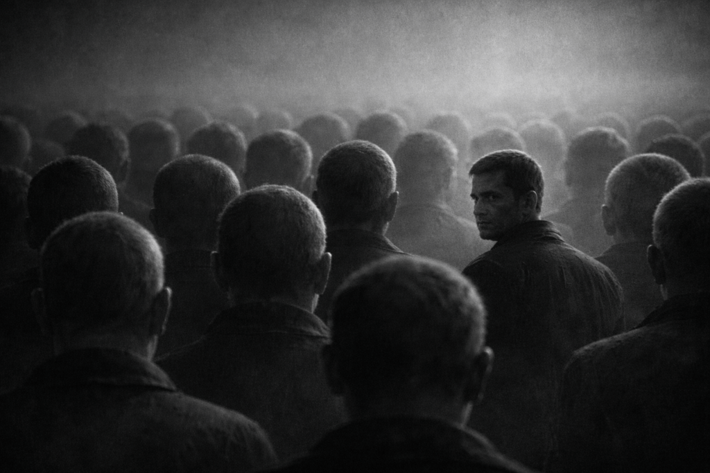 Senki sem lehet próféta a saját hazájában – fekete-fehér, fotórealisztikus kép egy szürke tömegről, akik háttal állnak és egy irányba néznek, miközben egyetlen ember felénk fordul, eltérve a többiektől.