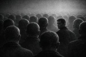 Senki sem lehet próféta a saját hazájában – fekete-fehér, fotórealisztikus kép egy szürke tömegről, akik háttal állnak és egy irányba néznek, miközben egyetlen ember felénk fordul, eltérve a többiektől.