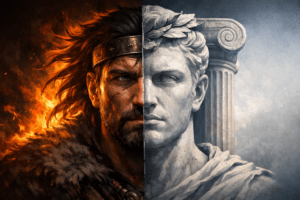 Átok: Hunia és Pannonia kettőssége egy emberi arcban – tűz és márvány, ösztön és rend vizuális metaforája