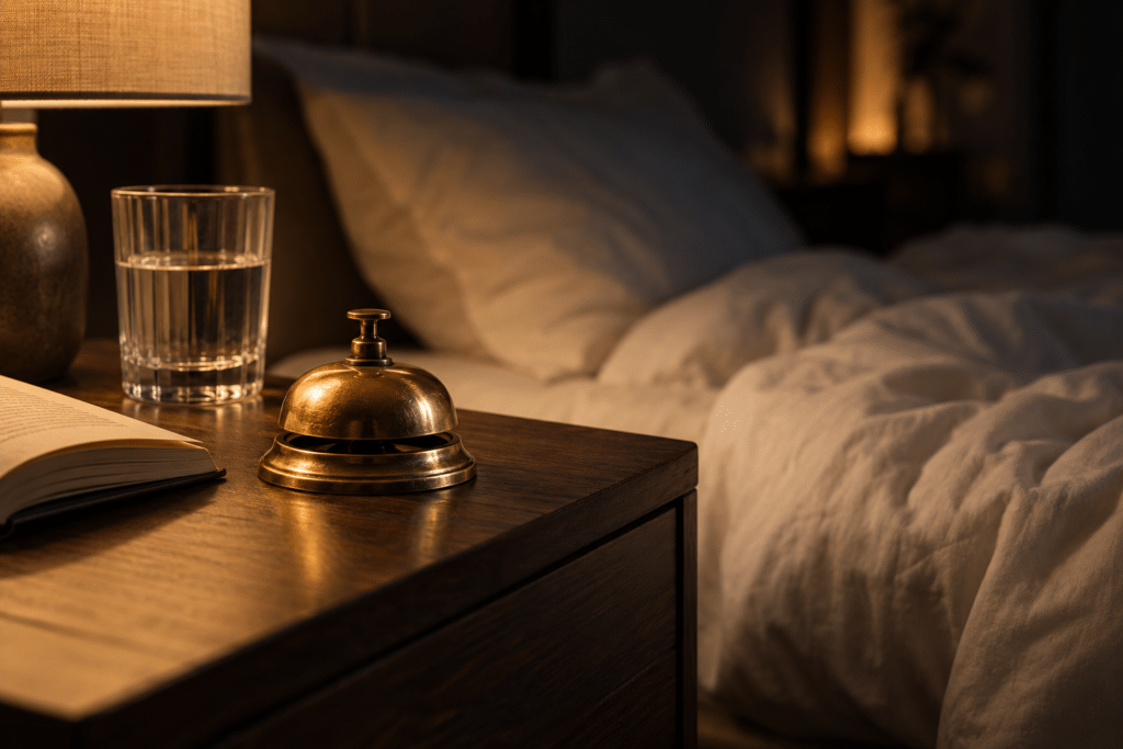Párkapcsolati elvárások metaforája: hotelcsengő egy félhomályos hálószobai éjjeliszekrényen